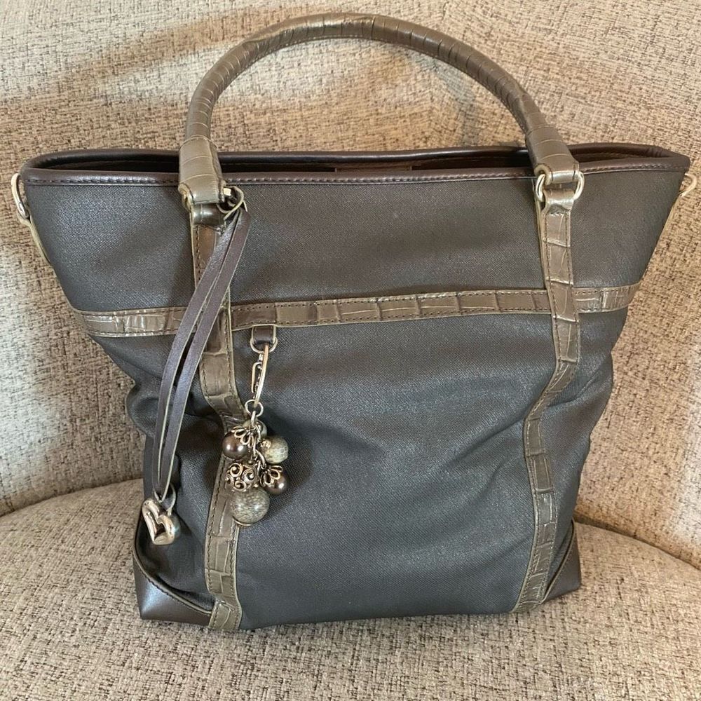 Brighton‎ Womens Double Handle Dangling Beads Tote Handbag Gray